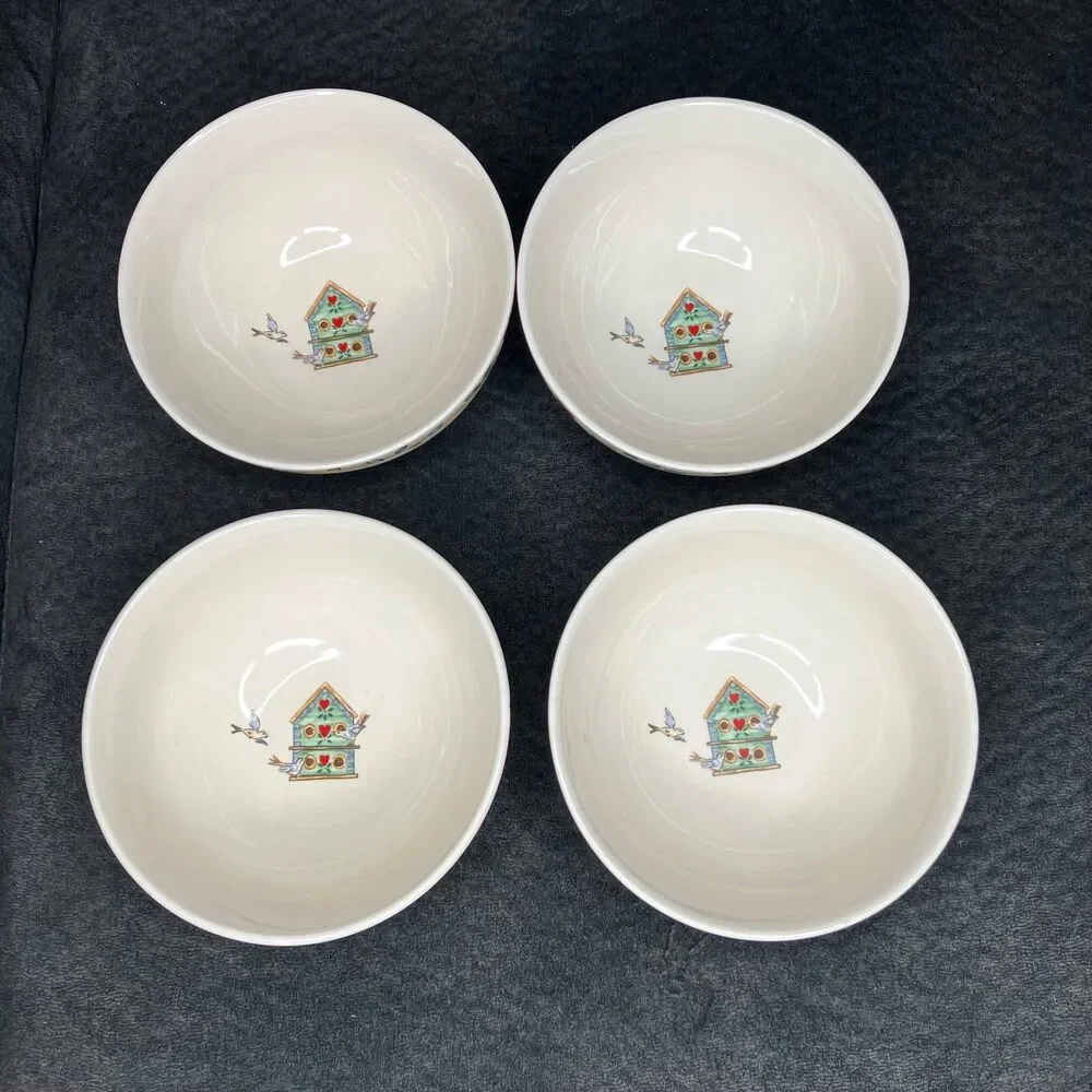 Thomson Pottery Country Birdhouse Vines Set of 4 Soup / Cereal Bowls 6 1/8